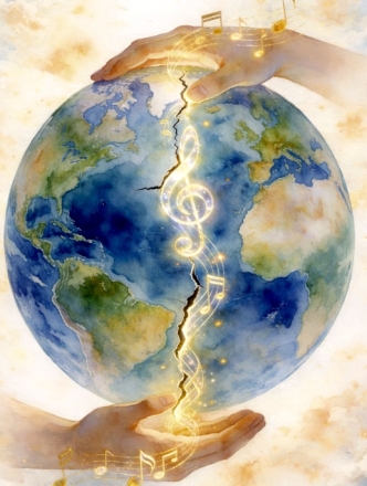 Two lit up hands holding a globe with music notes glowing on it.