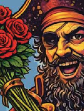 Colorful drawing of a spooky pirate holding roses