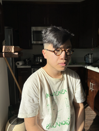 Felix sitting in a kitchen wearing a white shirt with green accents and wearing round tortoise shell glasses, looking out of frame.