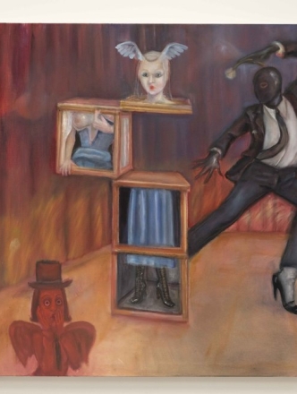 Painting of a magician wearing a suit and heels pointing his wand at a woman with wings on her head wearing a blue dress. She stands in a magicians box and her midsection is in a box separated from her body, an onlooker watches with surprise.