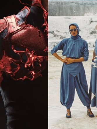 A collage of four images featuring black and white scrapbook photos of women in vintage bathing suits, a close up of a red super hero suit with flames, two women wearing blue flow-y garments at the beach, and a close up image of brown rounded stitching.