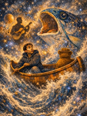 Young boy in row boat with flying fish and guitar player overhead