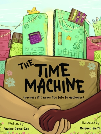 Illustration of wording Time Machine with a white and black hand shaking.