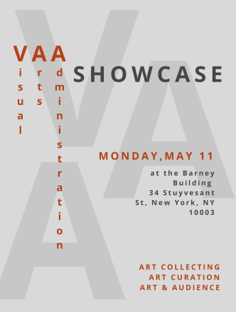 Gray flyer with large gray letters that spell out VAA in alternating descending order.