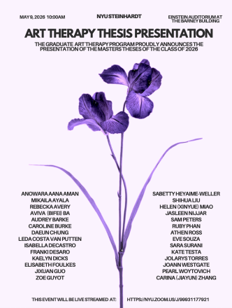 A graphic with black block text and a graphic purple flower with three petals each.