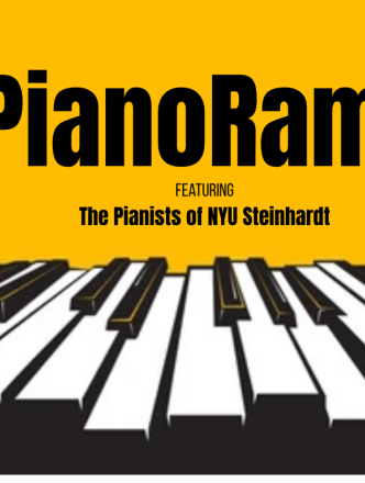 Poster for PianoRama with keyboard and yellow background