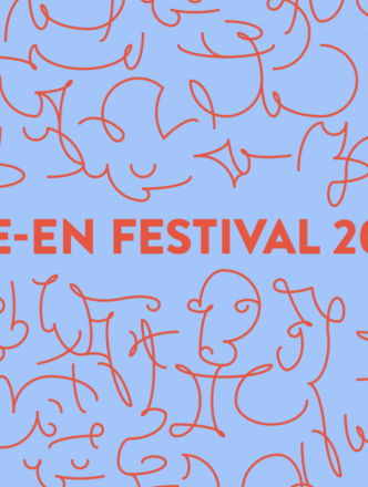 A simple orange line drawing on blue background advertising festival