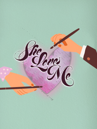 Heart with "She Loves Me" logo and two hands holding ink pens