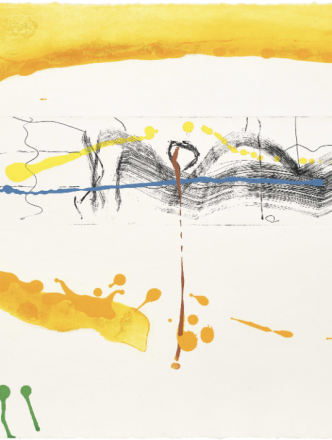 Abstract painting includes strokes of yellow, gray and music notes.