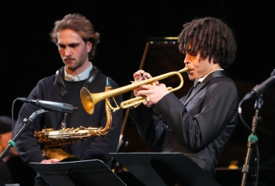 Close up of jazz player performing on trumpet